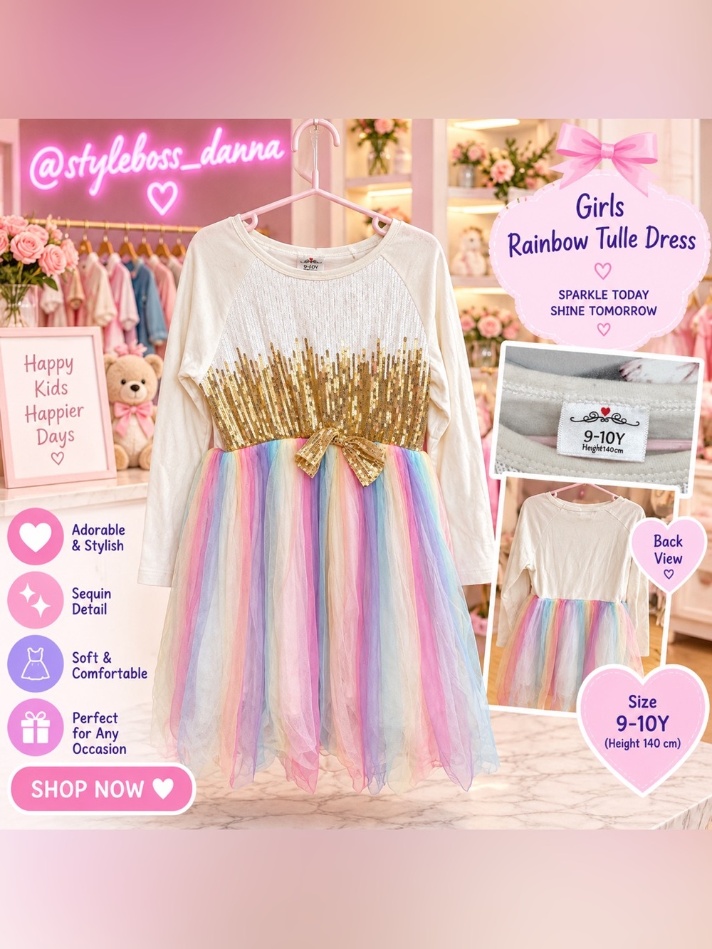 Girls Cream Long-Sleeve Rainbow Sequin Tulle Dress
